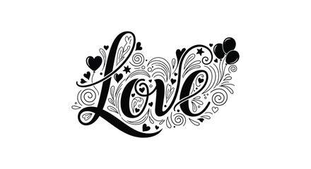 An elegant black and white illustration showcases the word love with decorative swirls hearts and star accents