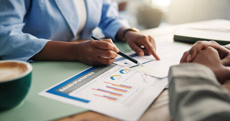 Paperwork, discussion and hands of business people in office with finance graphs, statistics or...