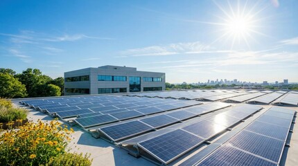 晴れた青空の下、近代的なオフィスビルの屋上にある広大なソーラーパネル