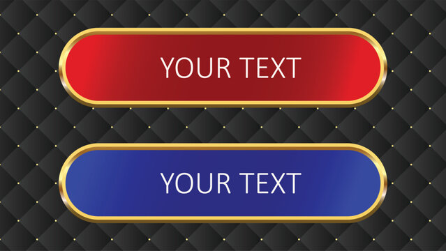 Two elegant red and blue oval buttons with gold borders on a dark quilted background, ready for custom text.