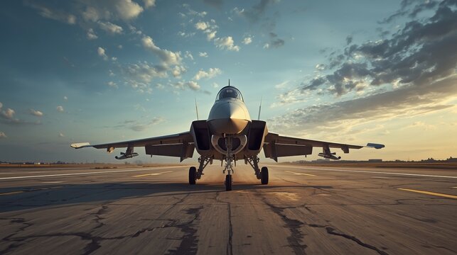 Powerful military jet fighter aircraft on runway at sunset, ready for takeoff with dramatic sky and clouds