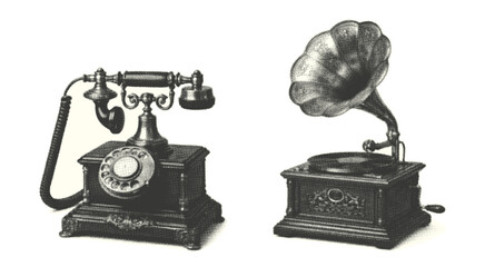 Vintage Telephone and Gramophone Antique Communication Devices Halftone Illustration isolated on transparent background, generative ai