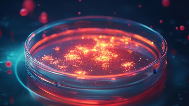 glowing red particles in petri dish scientific research cell cul