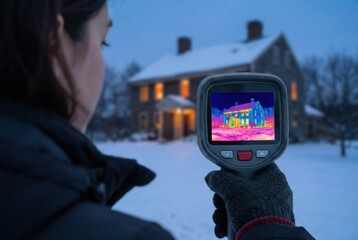 女性がサーモグラフィーカメラで住宅の熱損失を検査する夜景