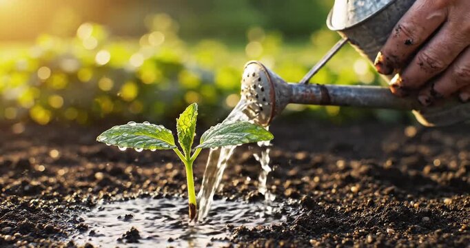 Hand watering a small plant.