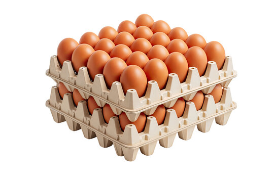 Stacked egg trays full of fresh brown chicken eggs packaging product isolated on the white background