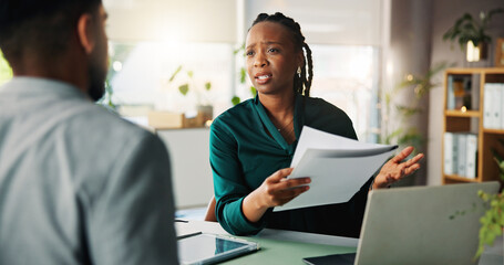 Financial advisor, documents and woman with consultation, talking and application for loan. People,...