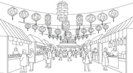 Obraz premium Asian Street Market Scene with Lanterns and Stalls
