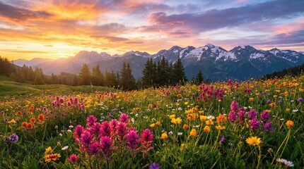 夕焼け空と雪山を背景にした色とりどりの高山植物が咲く広大な草原