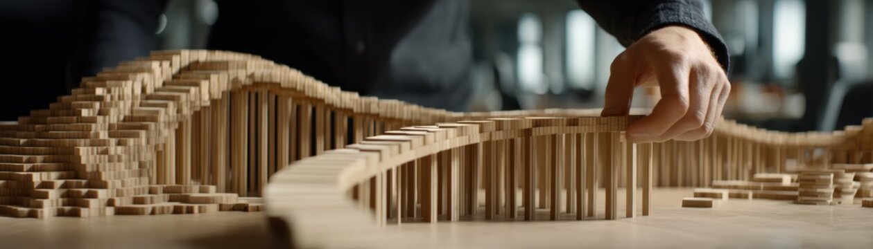 A hand is adjusting a detailed wooden structure made of small sticks, resembling a bridge or architectural model, on a work table in a well-lit environment, human agency, care and responsibility
