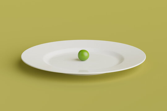 Minimal Food Concept. Single Green Pea On White Plate Centered On Olive Background With Clean Modern Composition. 3d Rendering