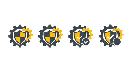 Set of four icons illustrating security configuration process involving gears and shield protection