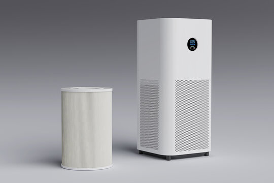 Smart Air Purification Concept. Modern White Air Purifier With Replaceable Filter Isolated On Gray Background. 3d Rendering