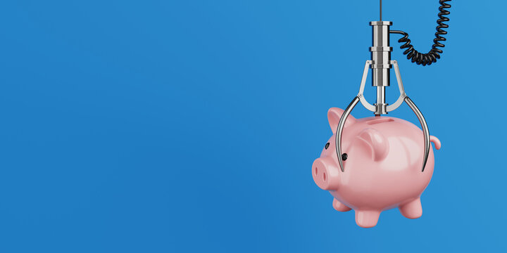 Financial Opportunity And Savings Concept. Claw Machine Grabbing Pink Piggy Bank Symbolizing Money Control, Risk And Chance. 3D Rendering