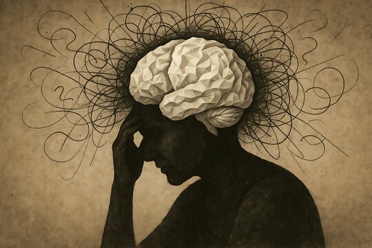 Conceptual illustration showing a silhouette of a person in pain with a white paper texture brain and chaotic black scribbled lines representing mental health stress