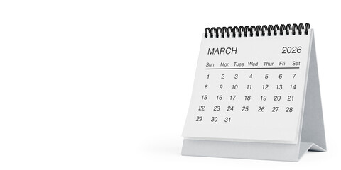 Fototapeta na wymiar White Desk Monthly March 2026 Business Calendar. 3d Rendering