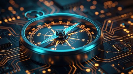 光る回路基板上の青いコンパスとオレンジ色の光るチップ