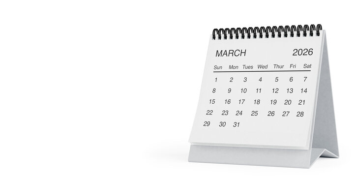 White Desk Monthly March 2026 Business Calendar. 3d Rendering