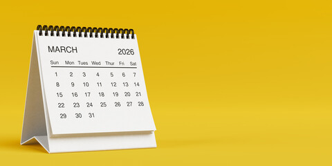 Fototapeta na wymiar White Desk Monthly March 2026 Business Calendar. 3d Rendering