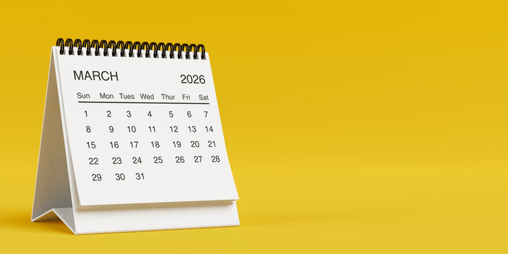 White Desk Monthly March 2026 Business Calendar. 3d Rendering