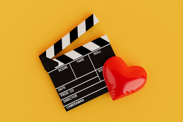 Romantic Cinema Concept. Film Clapperboard And Red Heart Balloon. 3d Rendering