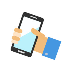 Hand holding smart phone on white background.