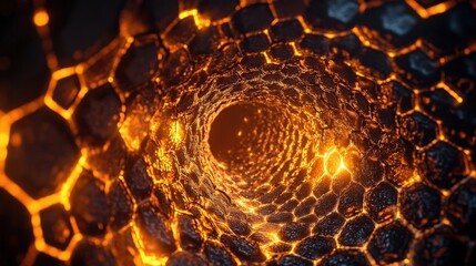 glowing lava tunnel hexagonal rock formation