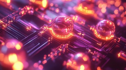 abstract neon circuit board with glowing spheres