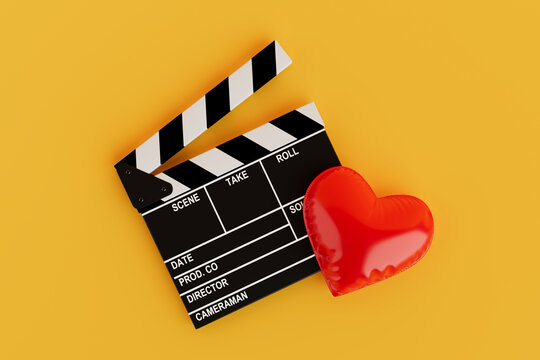 Romantic Cinema Concept. Film Clapperboard And Red Heart Balloon. 3d Rendering
