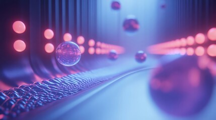 abstract neon spheres in futuristic corridor