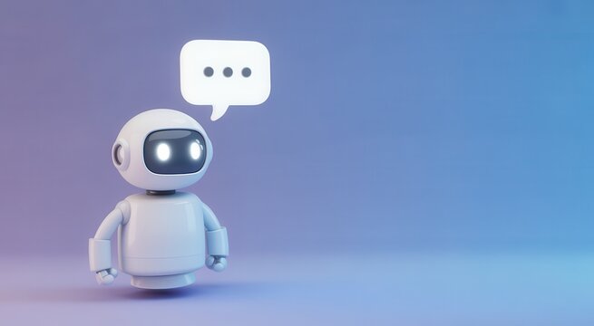 Cute white robot character with glowing eyes and a speech bubble with ellipsis, representing artificial intelligence and chatbot communication