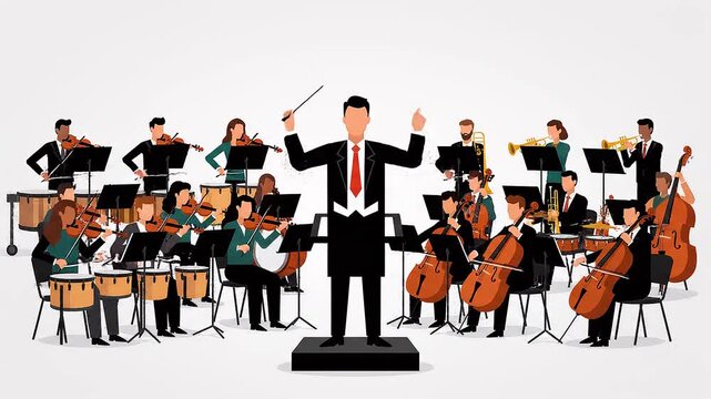 Vector illustration of symphony orchestra performance with conductor and musicians