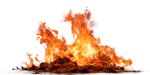 Vibrant orange and yellow flames burning intensely with glowing embers and ash isolated on a transparent background