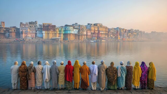 A group of Indian pilgrims prays together by the Ganges River at sunrise. They wear colorful traditional attire as they gather by the stone ghats with soft morning mist surrounding them