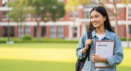 Naklejka premium Confident young Asian woman student smiling on a university campus, holding her college admission letter, symbolizing the higher education journey concept.