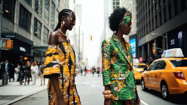 Bold African Print Fashion Models Walking Confidently Downtown