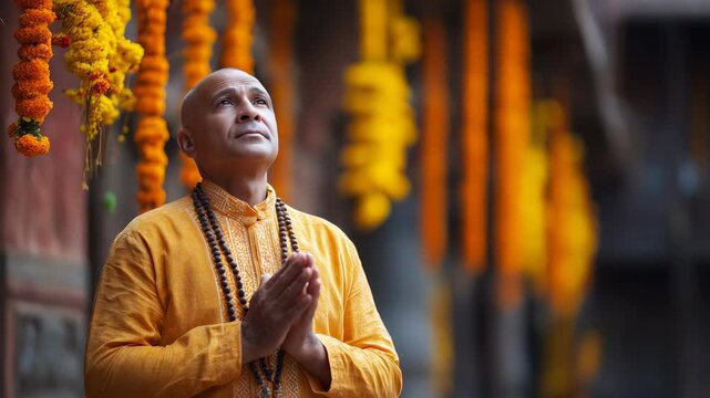 An Indian man wears a saffron kurta and holds a mala in his hands. He stands in a temple courtyard, praying while marigold garlands hang around him during the morning hours