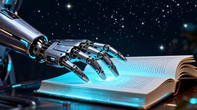 Robot hand reading glowing book