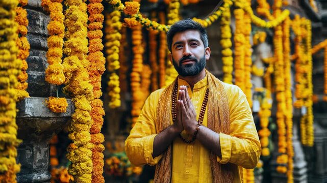 An Indian man is seen praying in a temple courtyard. He wears a saffron kurta and holds a mala in his hands. Marigold garlands hang all around as he focuses on his prayers during the festival