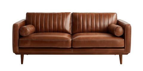 Brown leather sofa with channel tufting and bolster pillows on tapered legs isolated on a transparent background