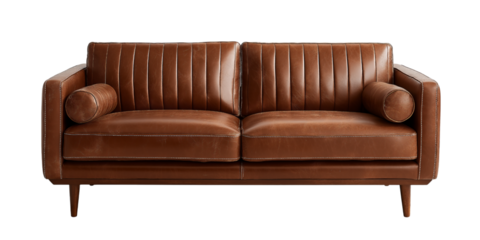 Brown leather sofa with channel tufting and bolster pillows on tapered legs isolated on a transparent background