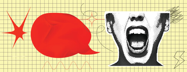 Retro vintage pop art halftone dotted style open-mouth screaming women shouting announcement blank speech bubble banner for social media cover, banner website header with comic book style paper cutout © Nusrat