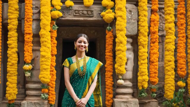 An Indian woman stands at the entrance of an ancient temple wearing a green silk sari. She smiles while surrounded by colorful marigold garlands hanging from the temple