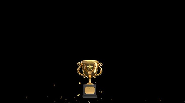 Winner announcement gold trophy confetti exploding 3d render transparent background celebration award perfect for celebrating success, achievements, sports events, and corporate recognition.