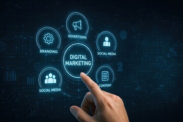 Digital marketing strategy concept with touchscreen interface icons for branding advertising and social media