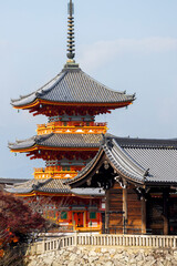 Sunrise over Sanjunoto pagoda and Kiyomizu-dera Temple in the autumn season, Kyoto, Japan