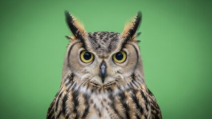 Fototapeta premium Majestic eurasian eagle owl portrait with piercing gaze on vibrant green backdrop capturing