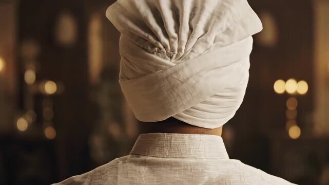Cinematic 4K Slow Motion Close-up of a Muslim Man Adjusting his Traditional White Turban (Imama) during Ramadhan or Eid al-Fitr Preparations