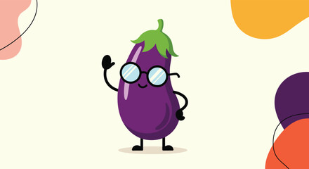 Friendly eggplant character with a small smile and black-rimmed glasses waves its hand against a background of colorful abstract shapes.