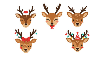 Naklejka premium Collection of five cute cartoon reindeer heads decorated with festive holiday items like Santa hats and colorful bows.